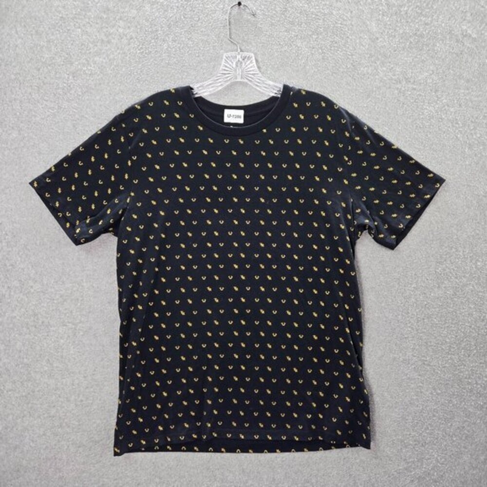 True Religion Men Shirt Medium Black Monogram Logo Allover Print Short‎ Sleeve